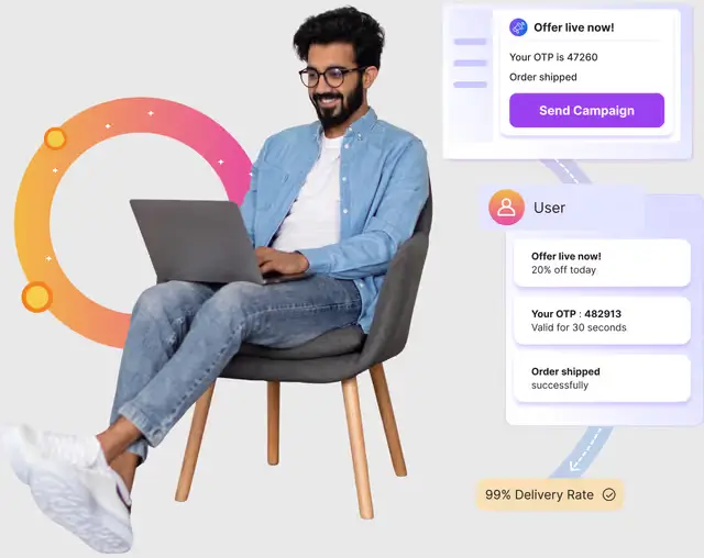Marketer sending OTP, offer and order-shipped SMS campaigns from a laptop