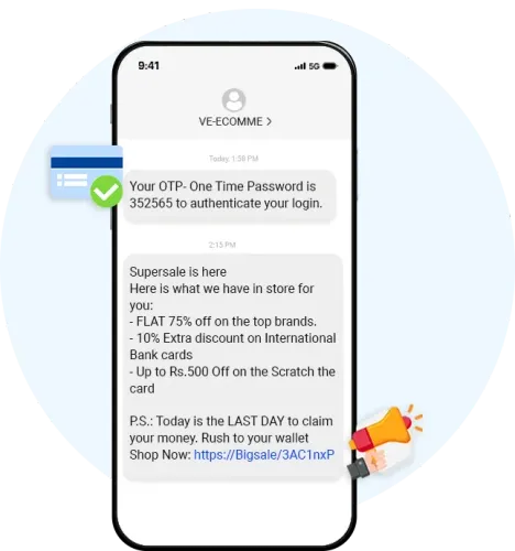 Phone inbox showing a transactional OTP SMS and a promotional sale SMS